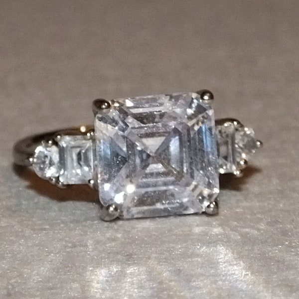 Vintage Art Deco Revival Asscher Cut Cubic Zirconia CZ Emerald Cut Round Cut Side Stones Sterling Ring Size 7