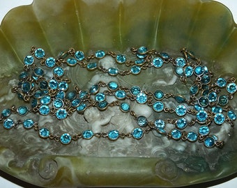 Antique Vintage Edwardian Art Deco Teal Aqua Blue Crystal Paste Open Back Bezel Long Necklace 48"