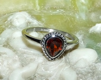 Vintage 90s Style Ruby Red CZ Pear Shaped Teardrop Braided Bezel Bali Style GENUINE STAINLESS Steel Non Tarnish Ring