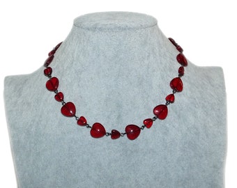 Vintage Red Acrylic Heart Beads Gunmetal Rosary Style Adjustable Necklace