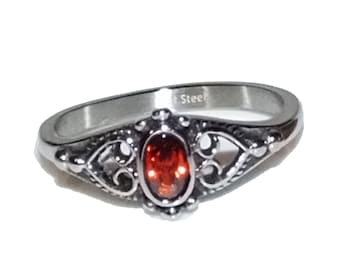 Vintage 90s Style Boho Goth Ruby Red CZ Bali Style Cut Out Heart Sides GENUINE STAINLESS Steel Non Tarnish Unisex Ring