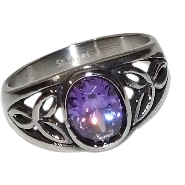 Vintage 90s Style Boho Goth Celtic Amethyst Purple CZ Oval Bezel Triquetras GENUINE STAINLESS Steel Non Tarnish Ring