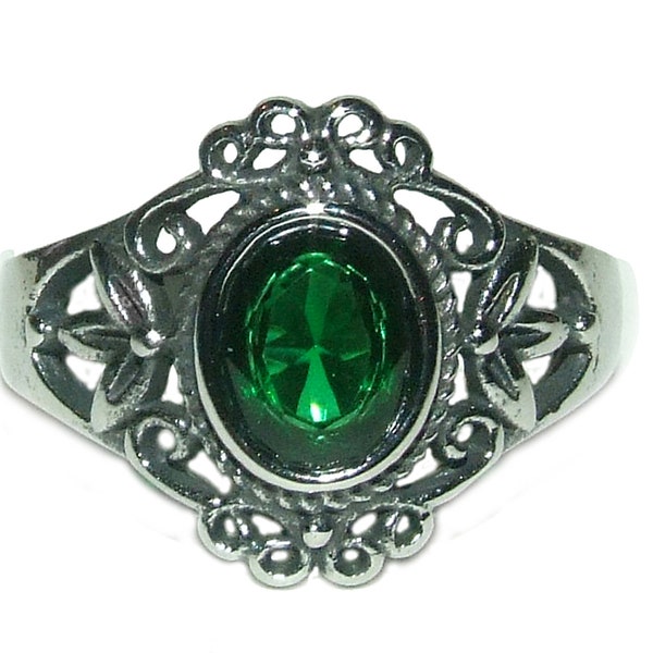 Vintage 90s Style Boho Goth Grunge Emerald Green CZ Bali Style Filigree GENUINE STAINLESS Steel Non Tarnish Unisex Ring