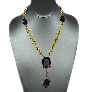 Antique Vintage Art Deco Yellow Citrine Amethyst Purple Crystal Paste Open Back Bezel Geometric Lavalier Sautoir Necklace