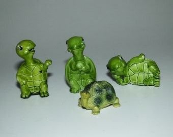 Vintage 70s Hard Plastic Anthropomorphic Green Turtle Figurines Made in Hong Kong