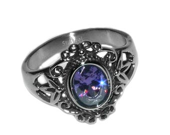 Vintage 90s Style Boho Goth Grunge Amethyst Purple CZ Bali Style Filigree GENUINE STAINLESS Steel No Tarnish Unisex Ring