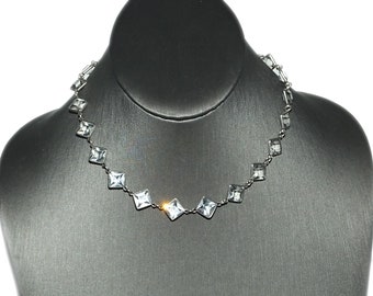 Antique Vintage Art Deco Geometric Square Crystal Paste Open Back Bezel Sterling Riviere Necklace 15 3/4"