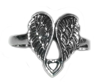 Vintage 90s Style Boho Goth Angel Wings Holding Open Heart Sterling 925 Ring