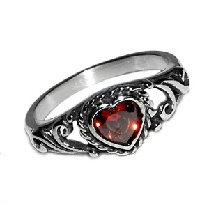 Vintage 90s Style Bali Boho Goth Whimsigoth Grunge Ruby Red CZ Heart Ring GENUINE STAINLESS Steel Non Tarnish Water Resistant Ring