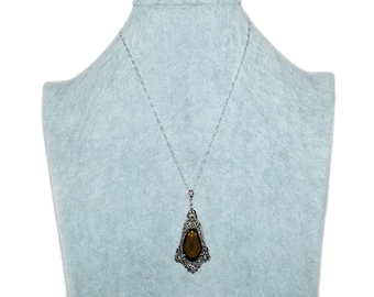 Antique Vintage Edwardian Art Deco Brown Smoky Topaz Paste Marcasite Floral Kite Shaped Sterling Pendant Fancy Krinkle Chain Necklace 18"