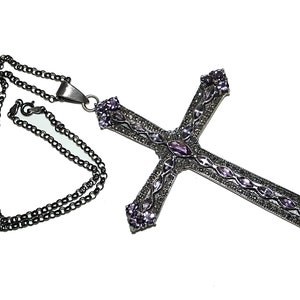 Vintage 90s Y2K Victorian Gothic Revival Huge Amethyst Marcasite Sterling Cross Pendant Oxidized Belcher Chain Necklace image 1