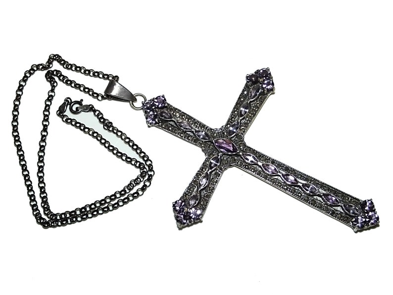 Vintage 90s Y2K Victorian Gothic Revival Huge Amethyst Marcasite Sterling Cross Pendant Oxidized Belcher Chain Necklace image 1
