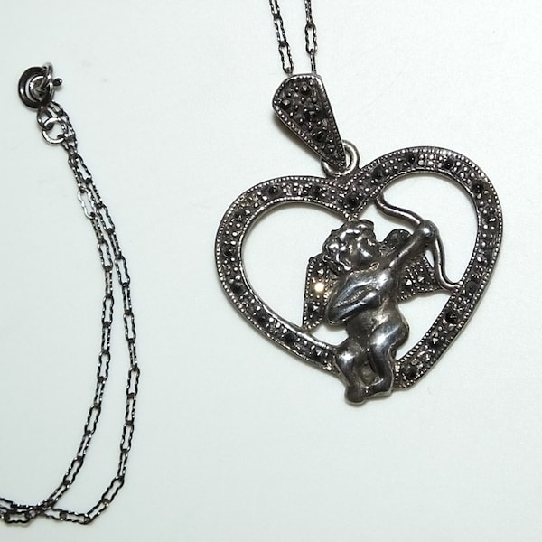 Vintage 90s Marcasite Cupid Eros Bow and Arrow Heart Sterling Pendant Oxidized Fancy Krinkle Chain Necklace 18"