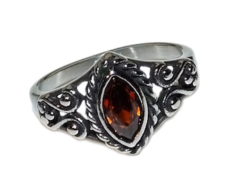 Vintage 90s Style Boho Goth Grunge Marquise Garnet Red CZ Bezel Bali Style GENUINE STAINLESS Steel Non Tarnish Unisex Ring