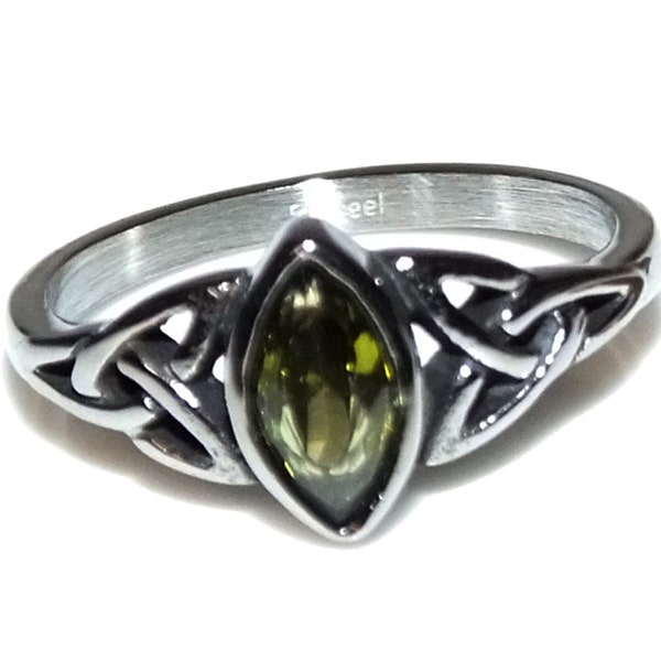 Vintage 90s Style Goth Wiccan Pagan Celtic Peridot Green CZ Marquise Triquetras GENUINE Stainless Steel Non Tarnish Ring