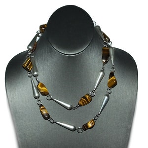 Vintage Mexico Tigers Eye Nugget Teardrop Bead Unisex Sterling Chain Necklace 38&quot; SHC Hallmark