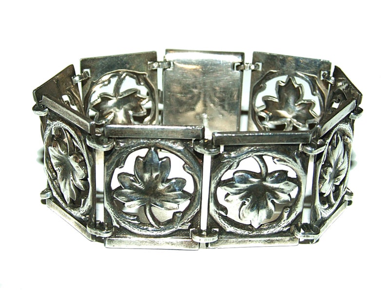 Vintage Mid Century Sterling Maple Leaf Panel Bracelet 6 12