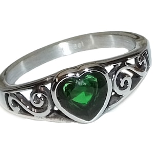 Vintage 90s Style Boho Grunge Goth Emerald Green CZ Heart Bezel Swirl Bali Style GENUINE STAINLESS Steel Non Tarnish Unisex Ring