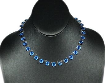 Antique Vintage Art Deco Sapphire Blue Crystal Paste Open Back Bezel Sterling Riviere Choker Necklace