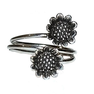 Vintage 90s Style Boho Hippie Double Sunflower Adjustable Finger Wrap Sterling 925 Ring