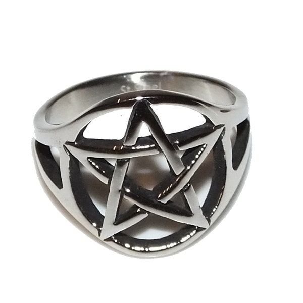 Vintage 90s Style Goth Punk Pagan Wiccan Pentagram Pentacle Cut Out GENUINE STAINLESS STEEL Non Tarnish Ring