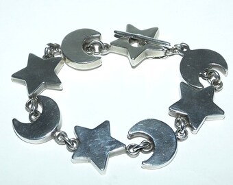 Vintage 80s 90s Taxco Mexico Large Chunky Crescent Moon Star Medallion Sterling Toggle Bracelet