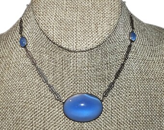 Antique Vintage Edwardian Art Deco Blue Moonglow Paste Cabochon Open Back Bezel Sterling Fancy Link Chain Choker Necklace