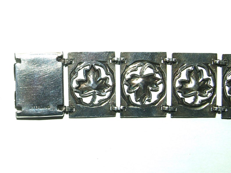 Vintage Mid Century Sterling Maple Leaf Panel Bracelet 6 12