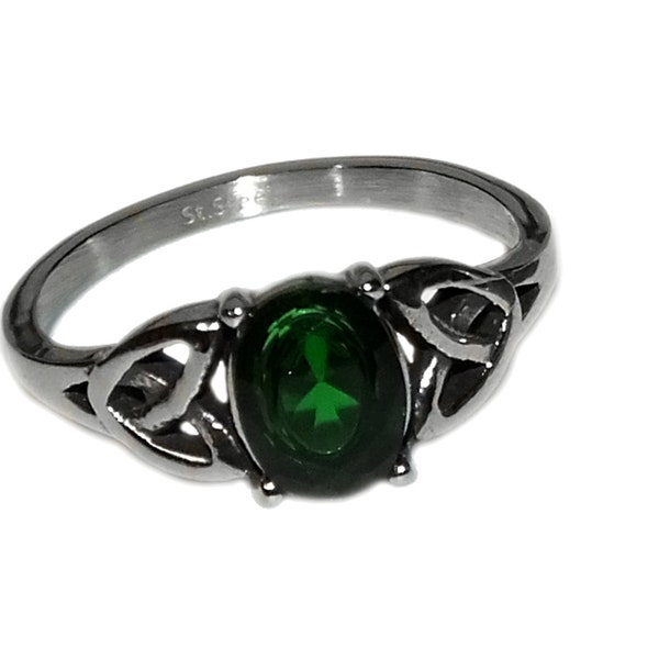 Vintage 90s Style Boho Goth Grunge Celtic Emerald Green CZ Triquetra GENUINE Stainless Steel Non Tarnish Unisex Ring