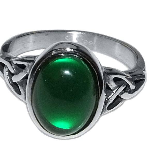 Vintage 90s Style Boho Goth Grunge Emerald Green Cabochon Celtic Triquetra GENUINE STAINLESS STEEL Non Tarnish Ring
