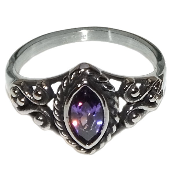 Vintage 90s Style Boho Goth Grunge Marquise Purple CZ Bali Style GENUINE STAINLESS Steel Non Tarnish Unisex Ring