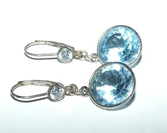 Vintage Art Deco Revival Large Aqua Blue Crystal Open Back Etched Bezel Sterling CZ Leverback Dangle Earrings