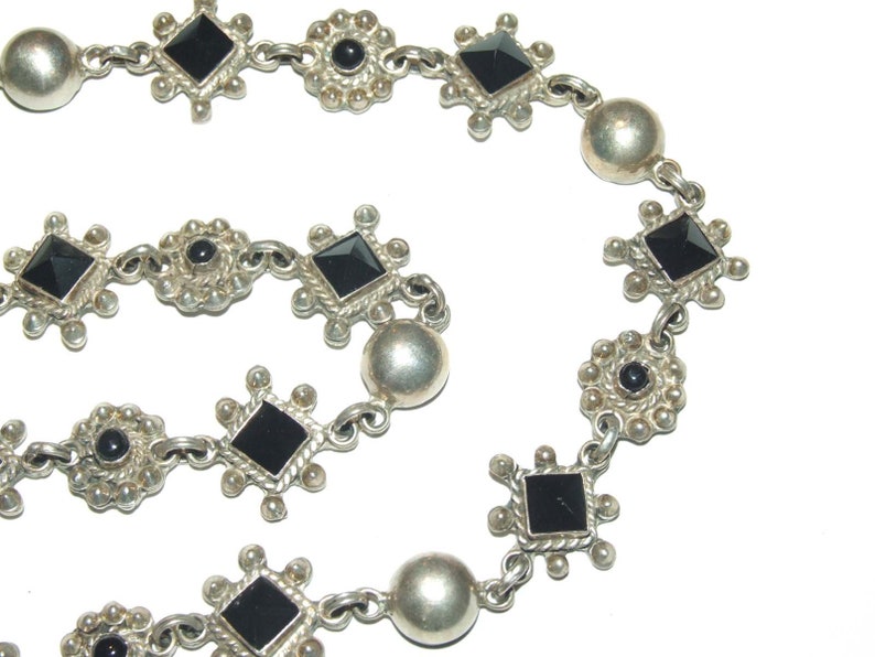 Vintage Taxco Mexico Sterling Silver 925 Beaded Filigree Onyx Pyramid Chain Necklace 23