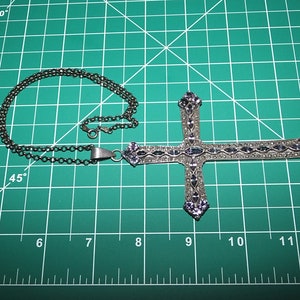 Vintage 90s Y2K Victorian Gothic Revival Huge Amethyst Marcasite Sterling Cross Pendant Oxidized Belcher Chain Necklace image 5