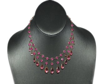 Antique Vintage Edwardian Art Deco Pink Crystal Paste Open Back Bezel Teardrop Dange Fringe Choker Necklace