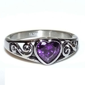 Vintage 90s Style Grunge Goth Amethyst Purple CZ Heart Bezel Swirl Bali Style GENUINE STAINLESS Steel Non Tarnish Unisex Ring