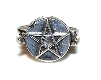 Vintage 90s Style Goth Wiccan Pagan Pentagram Pentacle Sterling Unisex Poison Ring Size 6 - 7 - 8 - 9