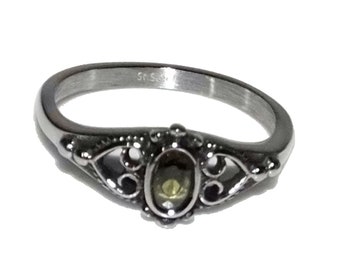 Vintage 90s Style Boho Goth Peridot Green CZ Bali Style Cut Out Heart Sides GENUINE STAINLESS Steel Non Tarnish Unisex Ring