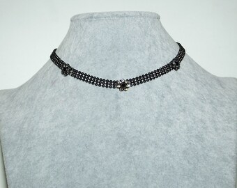 Vintage 1928 Brand Crystal Flower Gunmetal Bead Adjustable Choker Necklace