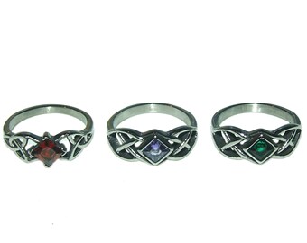 Vintage 90s Style Goth Wiccan Celtic Ruby Red Amethyst Purple Emerald Green CZ GENUINE STAINLESS Steel Unisex Ring Size 6 - 7 - 8 - 9  - 10