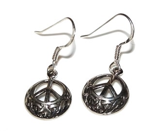 Vintage 90s Style Boho Goth Pagan Wiccan Celtic Knots Peace Sign Sterling Silver 925 Dangle Earrings