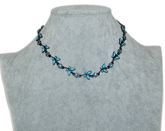 Vintage Faux Turquoise Blue Crystal Flower Gunmetal Adjustable Choker Necklace