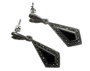 Vintage 90s Y2K Victorian Gothic Revival Art Deco Revival Onyx Marcasite Kite Shaped Dangle Sterling Silver 925 Earrings