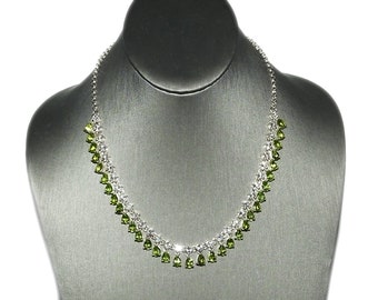 Vintage Art Deco Style Peridot CZ Dangle Fringe Sterling Necklace