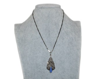 Antique Vintage Edwardian Germany Art Deco Blue Chalcedony Marcasite Floral Kite Shaped Sterling Pendant Necklace 18"