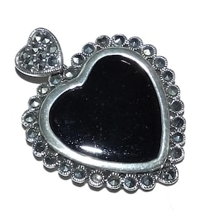 Vintage 90s Y2K Victorian Gothic Revival Large Black Onyx Marcasite Heart Sterling 925 Necklace Pendant