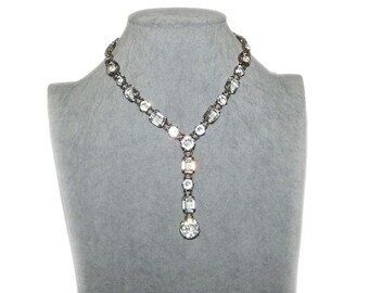 Vintage Art Deco Crystal Paste Open Back Bezel Round Emerald Cut Lavalier Choker Necklace