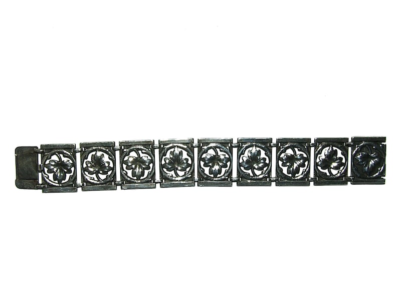 Vintage Mid Century Sterling Maple Leaf Panel Bracelet 6 12