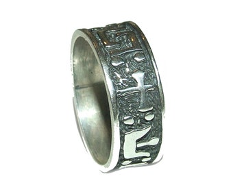 Vintage 90s Boho Goth Grunge Wiccan Pagan Tribal Symbol Sterling Unisex Ring Band 8mm Size 8