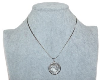 Vintage Sterling Parthenon Greek Key Medallion Pendant Herringbone Chain Necklace